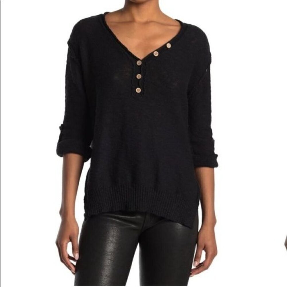 NWT Stitch Drop Black Knit Slub V-Neck Henley Sweater Top Sz M
